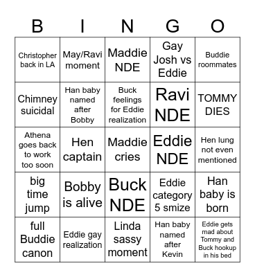 911 s8 last two episodes Bingo Card
