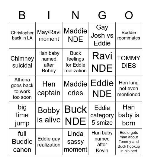 911 s8 last two episodes Bingo Card