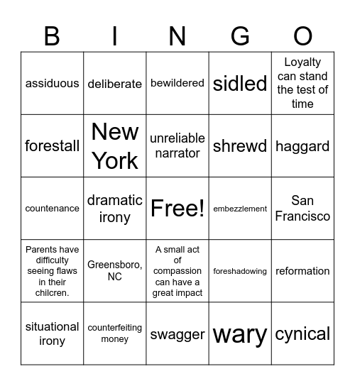 Short Stories Bingo Card