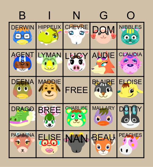 ACNH Villager Hunt Bingo Card