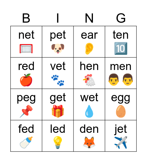 Short E Bingo Card