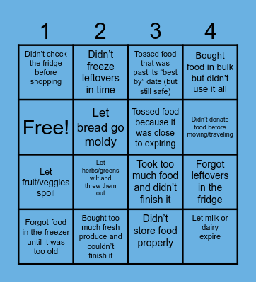 Food Waste Bingo Card