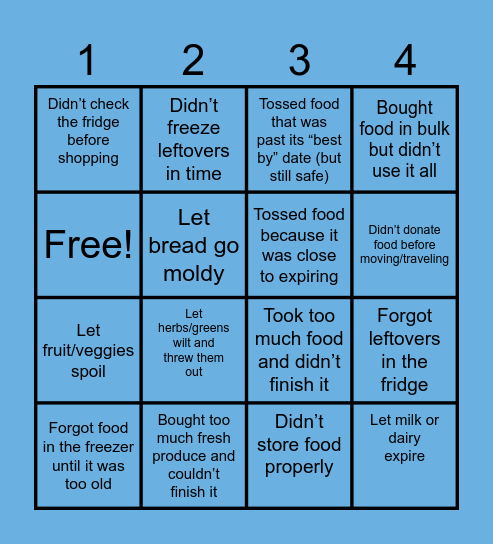 Food Waste Bingo Card