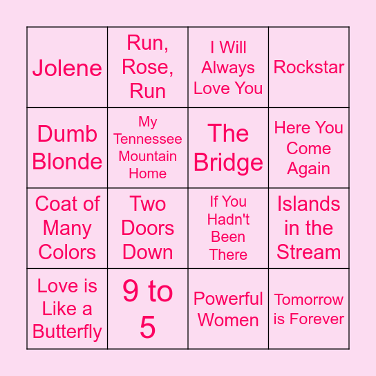 SINGO: Dolly Parton Songs Bingo Card