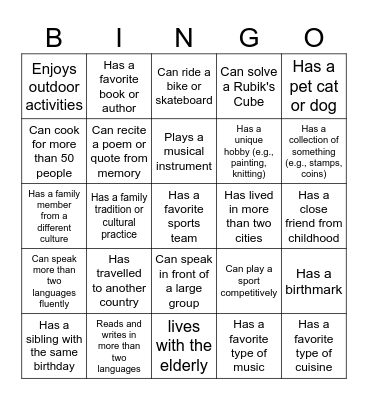 Socialise Bingo Card