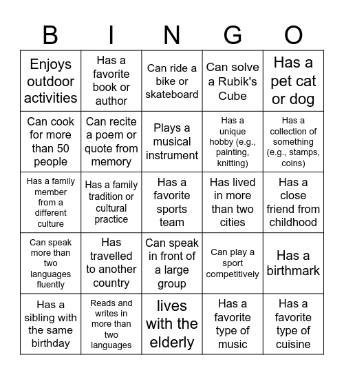 Socialise Bingo Card