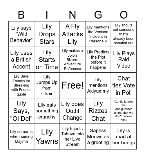Just a Regular LilySleepsLate Stream Bingo Card