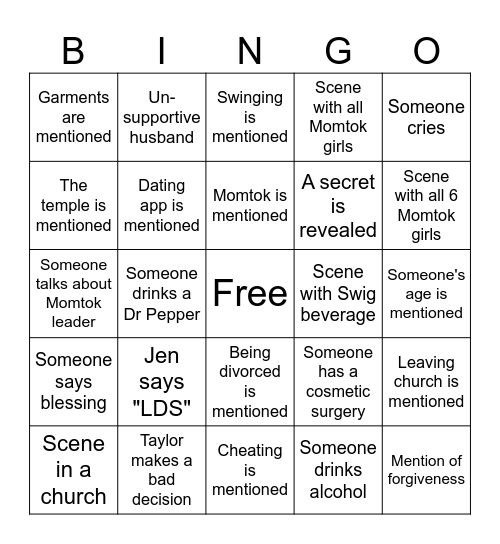 Secret Lives of Mormon Wives Bingo Card