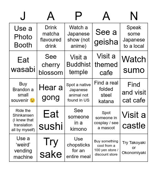 Japan Bingo for Reeb Bingo Card