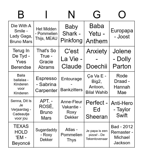 Senna's Muziek Bingo! Bingo Card