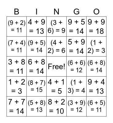 Math Bingo- Addition Bingo Card