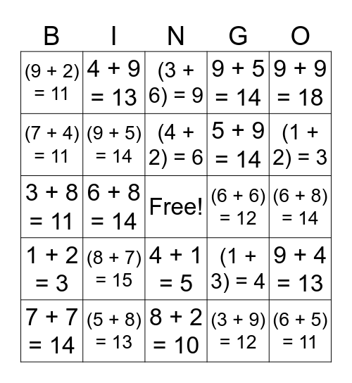 Math Bingo- Addition Bingo Card