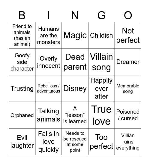Disney Movie Bingo Card