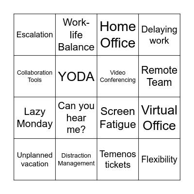 Working From Home Bingo Card