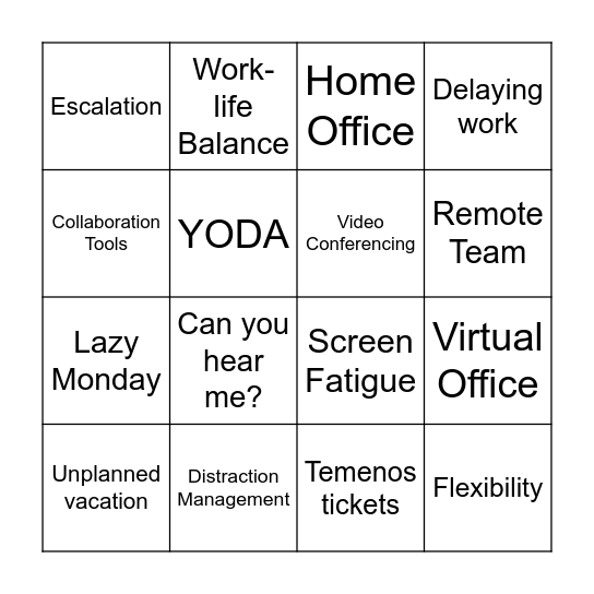 Working From Home Bingo Card