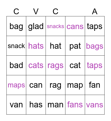 CVC words with vowel A Bingo Card