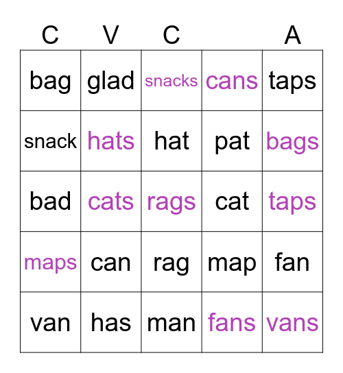 CVC words with vowel A Bingo Card