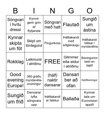 Eurovision Bingo Card
