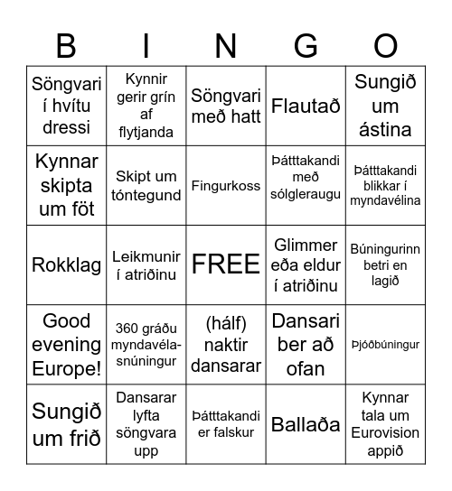 Eurovision Bingo Card