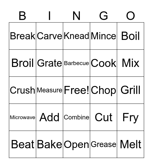 Cooking Vocabulary Bingo Card