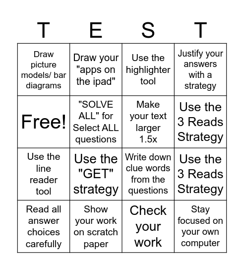 FAST Math Test Strategies Bingo Card