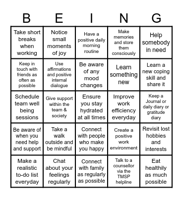 Wellbeing Bingo Card