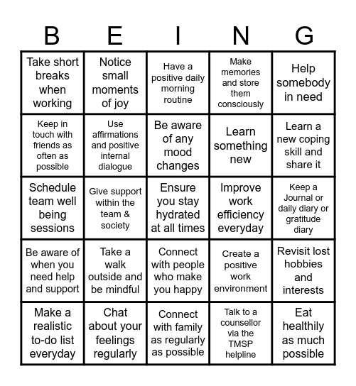 Wellbeing Bingo Card