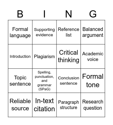 Academic Study Skills Bingo Card