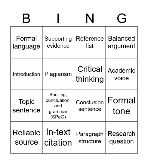 Academic Study Skills Bingo Card