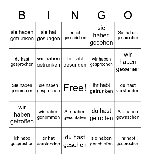 Unregelmäßige "haben" Verben in dem Perfekt Bingo Card