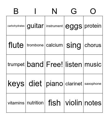 Music and Healthy Eating Bingo Card