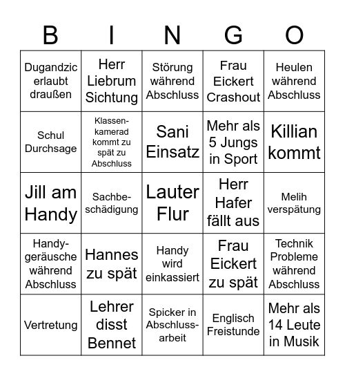 Schulbingo KW 20 Bingo Card