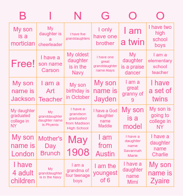 Mother's Day Bingo Card