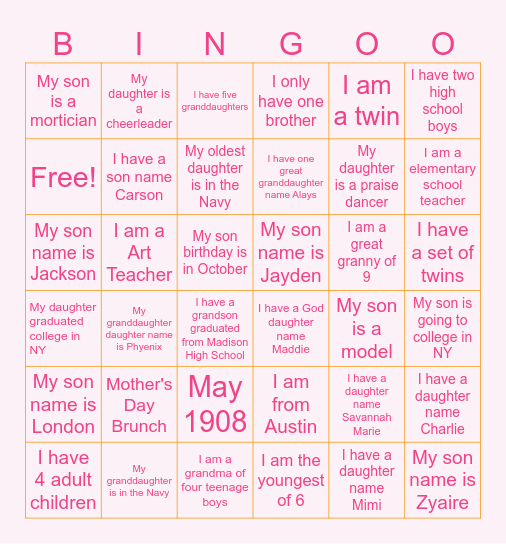 Mother's Day Bingo Card