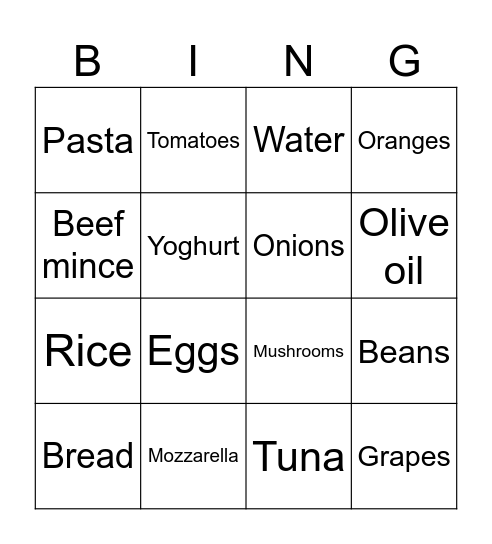 Food Bingo Card