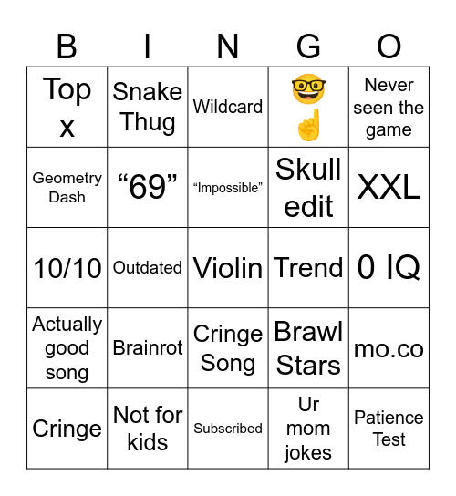 YT Shorts Bingo Card