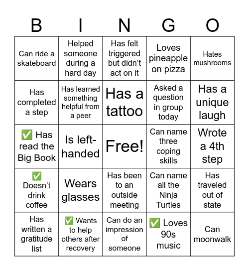 Recovery BINGO Card
