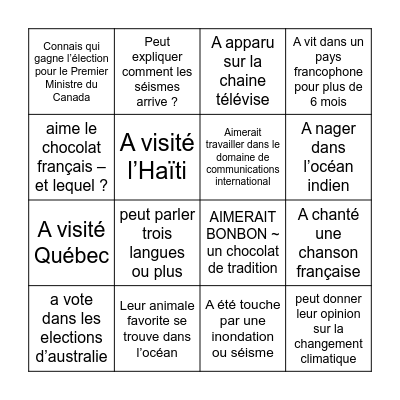 Trouvez quelqu'un qui... Bingo Card