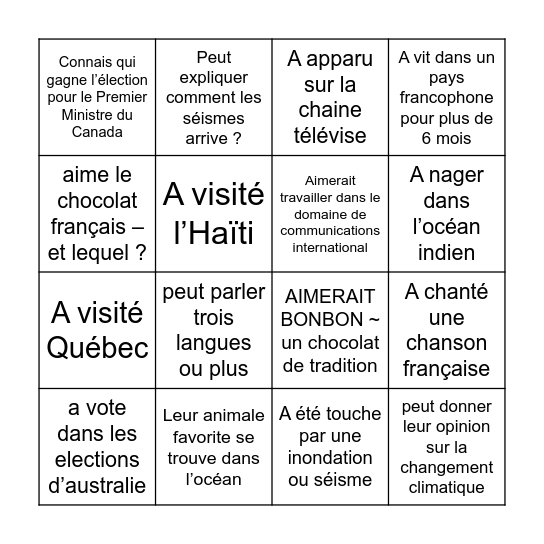 Trouvez quelqu'un qui... Bingo Card