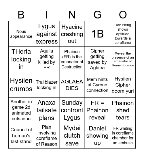 HSR 3.3 Bingo Card