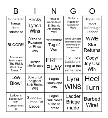 WWE MONEY IN THE BANK Bingo Card