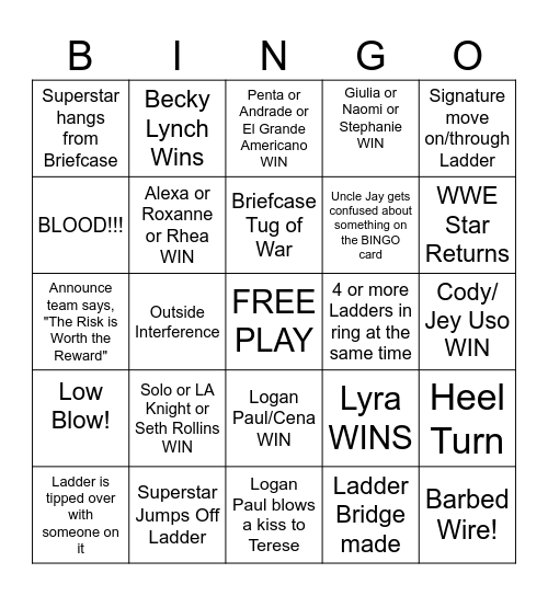 WWE MONEY IN THE BANK Bingo Card
