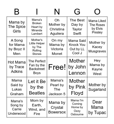 Songs about MOM Bingo Card
