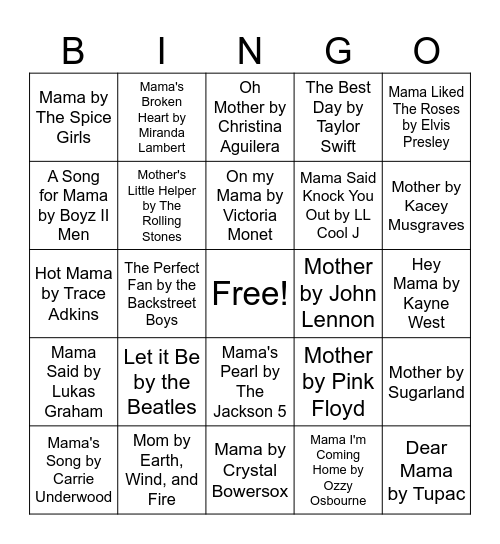 Songs about MOM Bingo Card