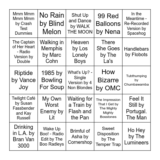 One Hit Wonders Bingo Card