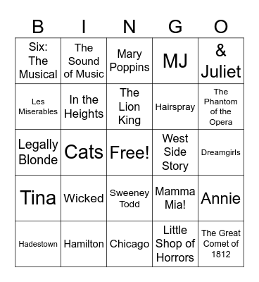 Musicals Bingo Card