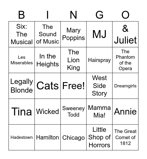 Musicals Bingo Card