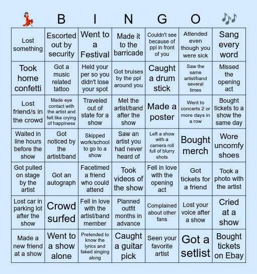Music Concert Bingo Card