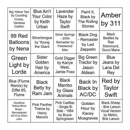 Synesthesia (Colors) Bingo Card