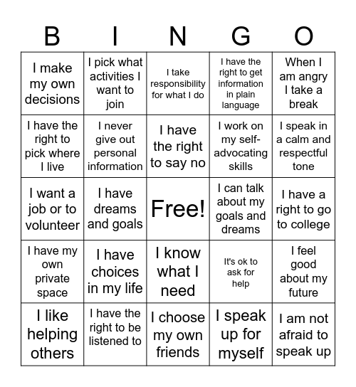 Self-Advocacy BINGO Card